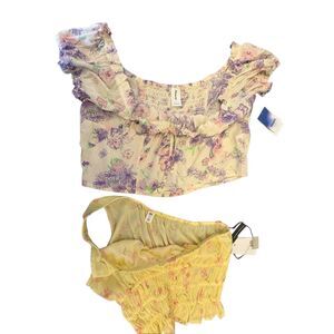 Abound Floral Puff Sleeve Crop Top Cream Purple Pink Size Small